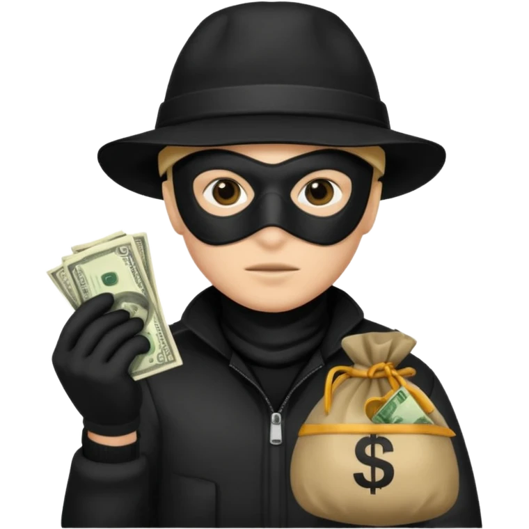 A emoji of a person wearing a robber outfit and a black hat and a black mask and a Money Bag emoji