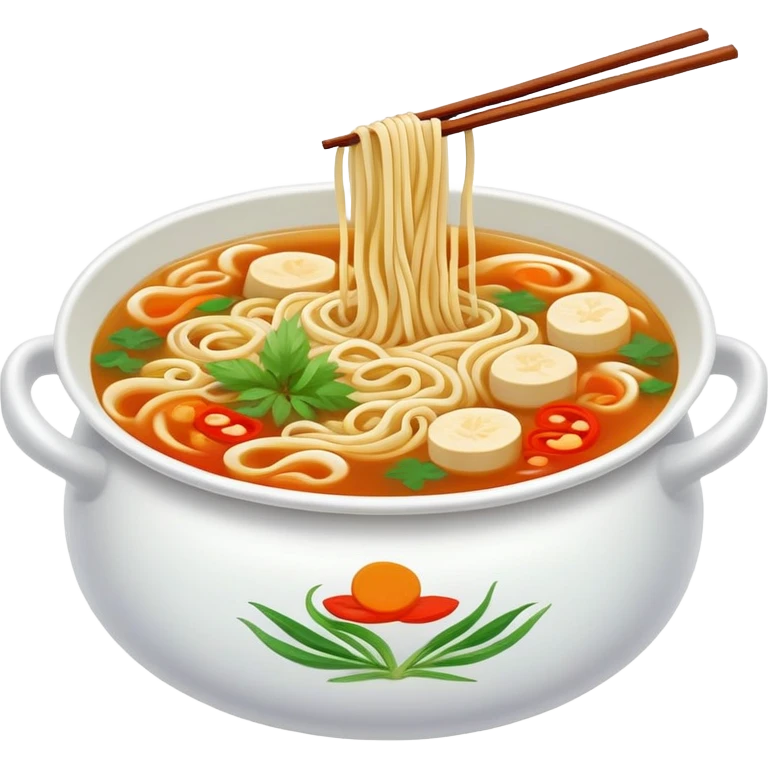 Yunnan Crossing the Bridge Noodles with raw ingredients and hot broth in special pot, simplified emoji style with bold outlines and bright colors, cartoon style unique serving method emoji