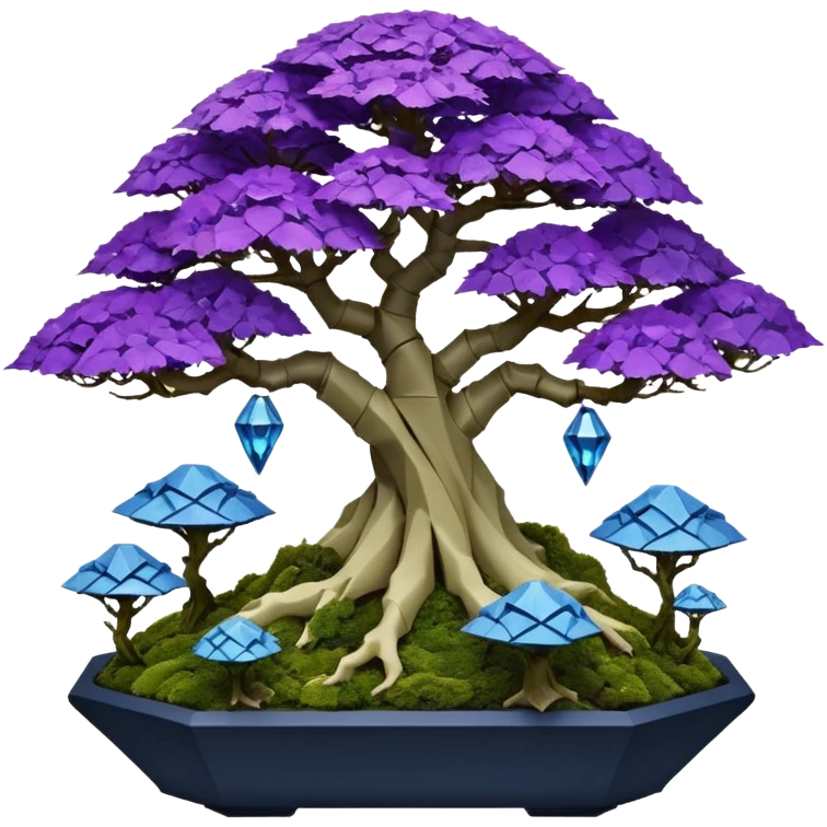 Futuristic wild glowing et alien moss maples Bonsai hair-fine-leaf group multi faceted intricate crystal boxwood Darth Vaderpurple and cream rose blue informal rocky cliffhanger eight trees forest planting in shallow origami slab style pot with big anthropomorphic feet  emoji