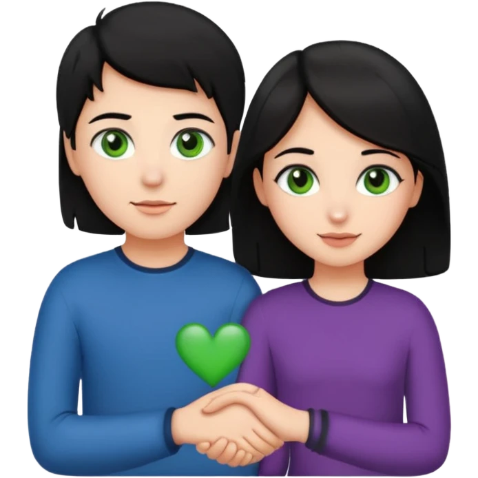 a girl with black hair and green eyes and a boy with brown hair and brown eyes holding hands, both blushing, emoji style emoji