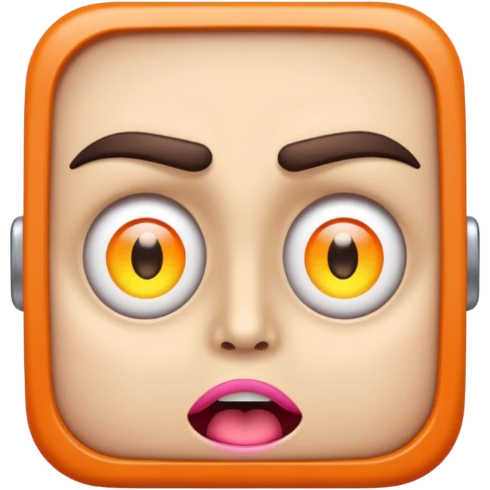 A wide-eyed face with glowing neon pupils and angular eyebrows, mouth open in a square shape emoji