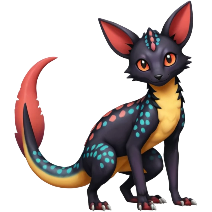 Dark magma-gradients-colored Salandit-Umbreon-Genet-Noivern-Noibat-Serval-Hybrid (Full body) emoji