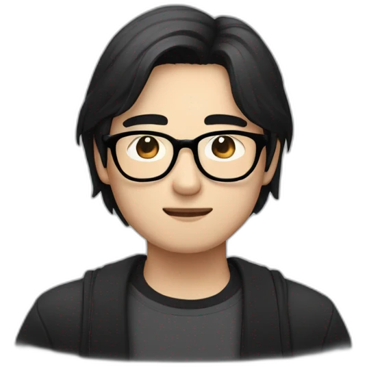 Heavy bespectacled Asian Man with black neck length hair with a black and white cat emoji