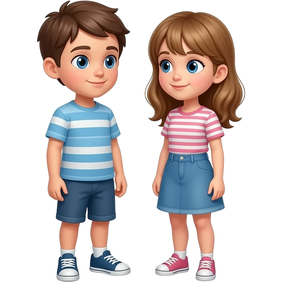 chico y chica son hermanos,se estan preguntando donde estan, el chico castanyo i con pelo corto y la chica pelo suelto y un poco rubia pero castaño  y los dos tienen ojos azules son hermanos estan depie se les ve los pies emoji