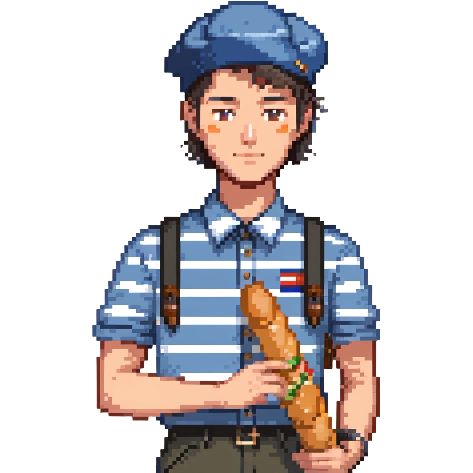 French man with blue and white striped shirt, black beret, holding a baguette emoji