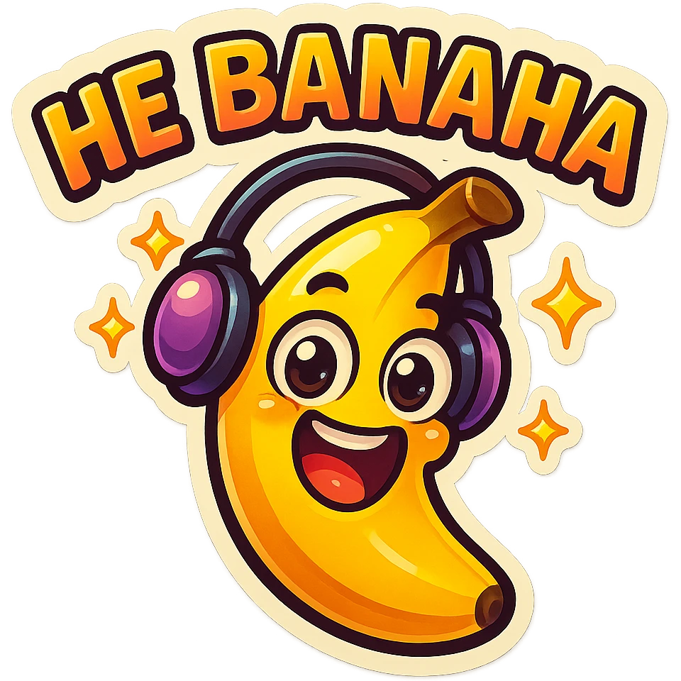 Funny cartoon banana, big happy smiling face, wearing tiny headphones, wide excited eyes, tiny sparkles around, text above: "НЕ БАНАНА ", chibi style, Twitch emoji style, colorful, transparent background emoji