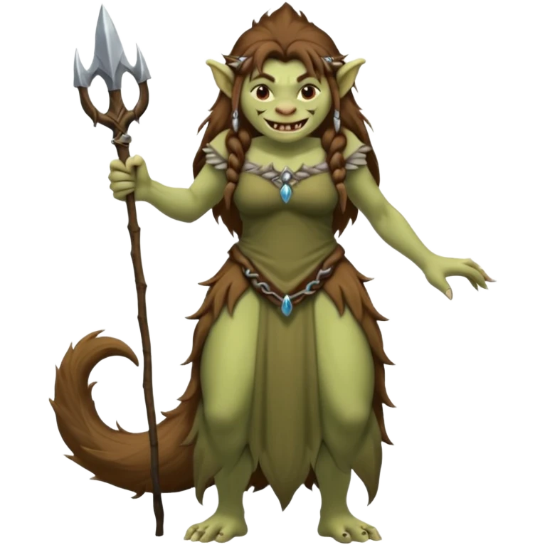 Norwegian forest mountain troll lady, Huldra, brown beautiful hair, pointy ears, long dress, long tufted tail, sharp teeth (full body) emoji