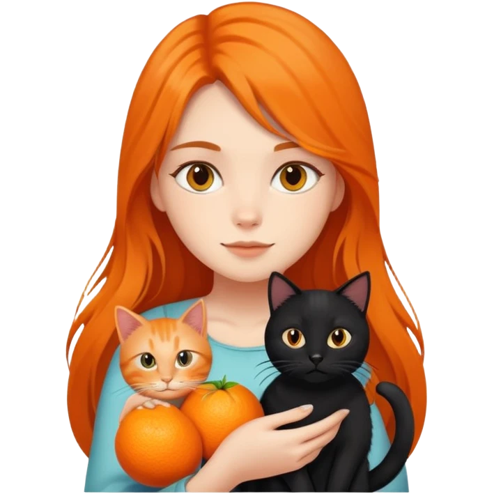 A long-haired girl holding a black cat and an orange cat emoji