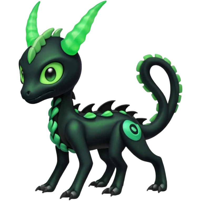 Horned Evil Cool Handsome Badass Edgy Obsidian-black and neon-glowing-green skeletal Meloetta-Salandit-Gorebyss-Zygarde-Pokémon-Fakémon-creature-fusion-hybrid emoji