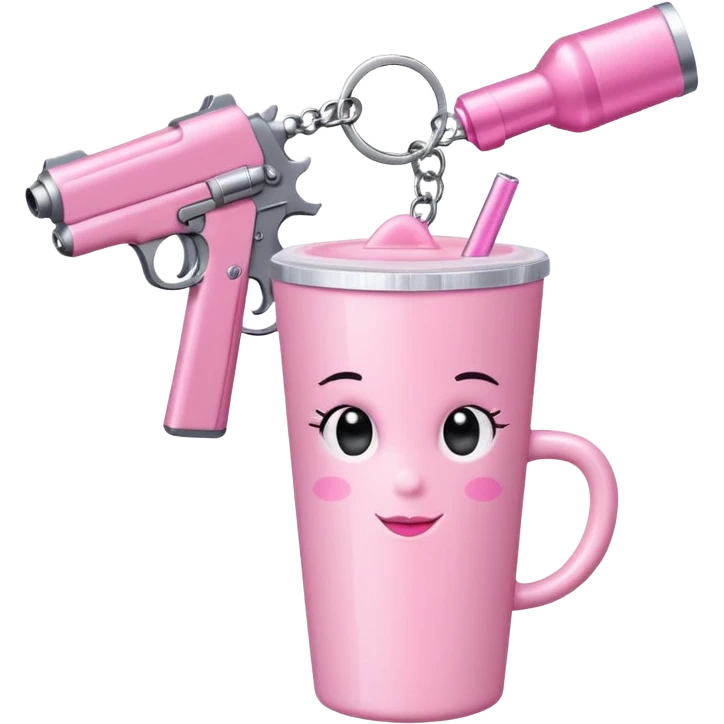 Minimalist figure with a cute pink aesthetic. It has a sparkly pink bow on its head, a pink gun keychain hanging nearby that is shooting up in the air, and is holding a large pink tumbler cup. The background is simple white with a soft shadow for a clean look. emoji