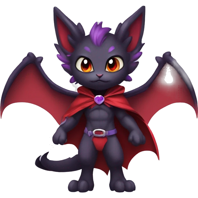  Black Red Purple Chibi Kawaii Edgy Cool Vampiric Demonic Beautiful Noivern-Nargacuga-Litten with big Bat Ears and wearing a cape and collar full body emoji