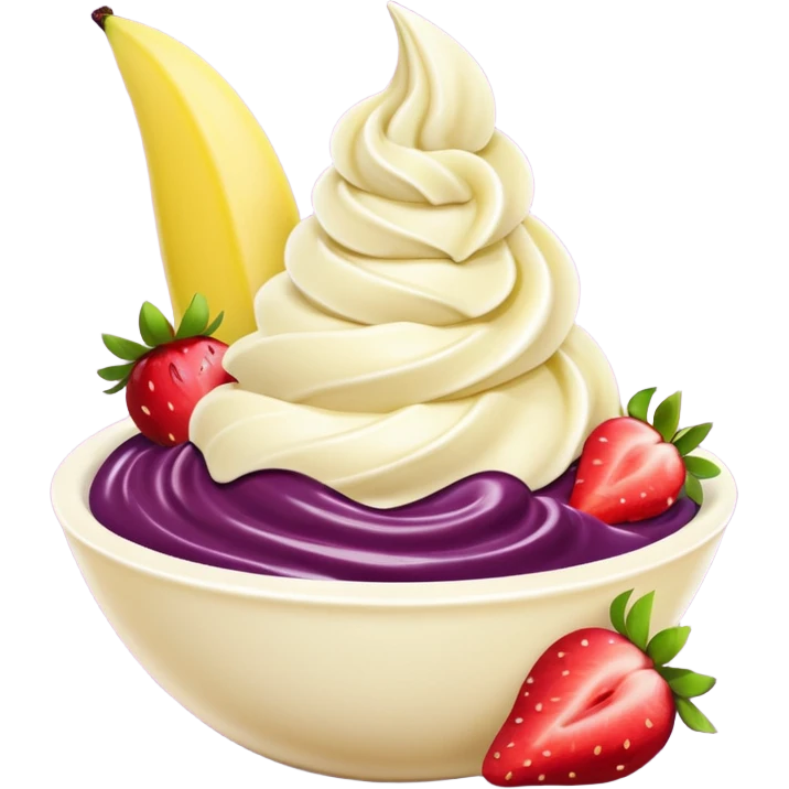 acai purple soft serve in a bowl strawberries and chopped banana emoji