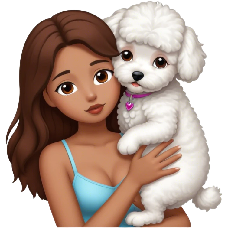 Tanned girl with long brown hair kissing a white bichon emoji