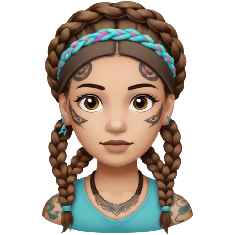 big lose braids starting from the top of the head woman face wiith big visible braids and mono color headband on head  face and braids as big as headband and lots and lots of face tattoos colored tattoos like a tattoo artist hair different color emoji