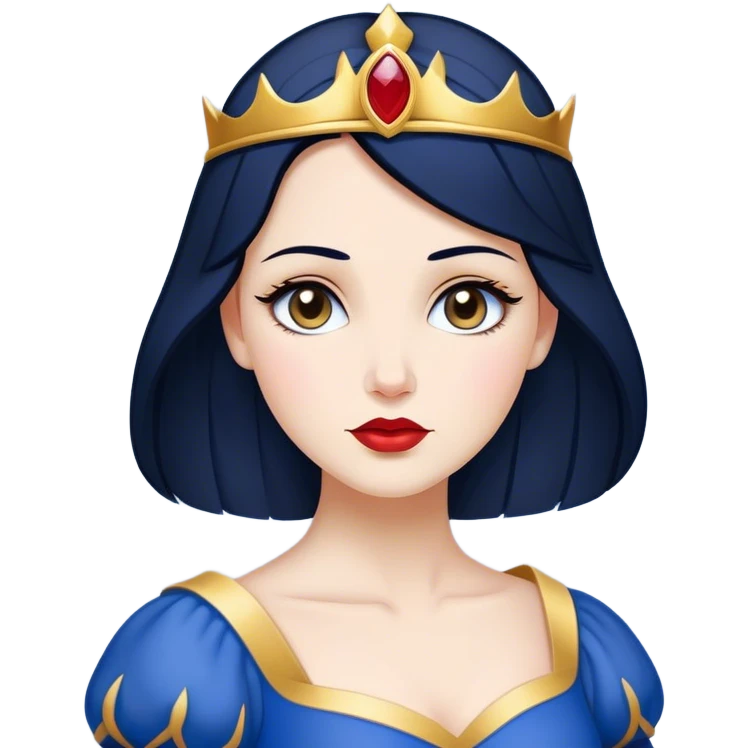 Cinematic Timeless Snow White Portrait Emoji, rendered in a clean, vector style. Depict Snow White with flawless porcelain skin, elegantly styled raven hair, and a serene, graceful expression, dressed in her classic blue and gold ensemble. The design features bold, simplified shapes, a soft, enchanting glow, and a subtle glowing outline, epitomizing pure, timeless beauty. emoji