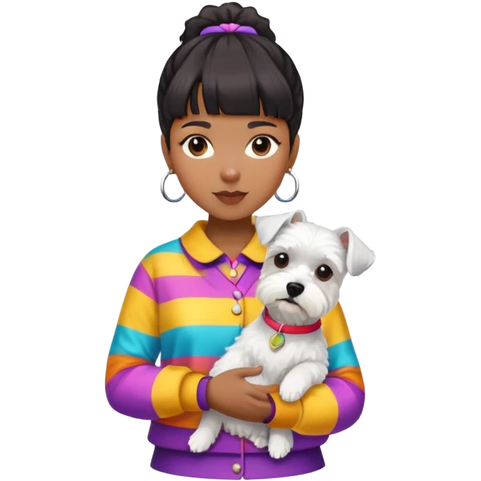 Black girl with short bangs holding a white schnauzer dog, colorful clothes emoji