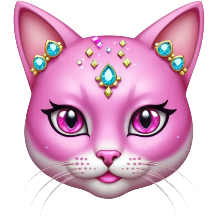 glamorous cat portrait, head and shoulders only, exaggerated pink makeup, bright eyeshadow, long eyelashes, shiny blush cheeks, sparkling face gems, glitter accents, elegant earrings, fantasy beauty style, cute 3D cartoon, mobile game icon style, clean background, no text, no watermark
 emoji