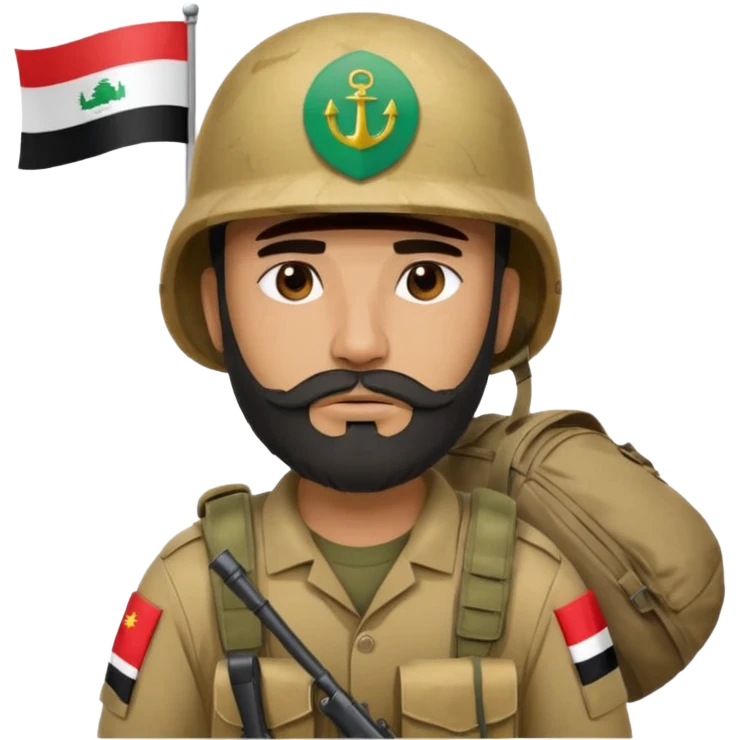 A tired and sad, swarthy Iraqi soldier with a beard, an Iraqi flag on his helmet, a sad expression and bags under his eyes emoji
