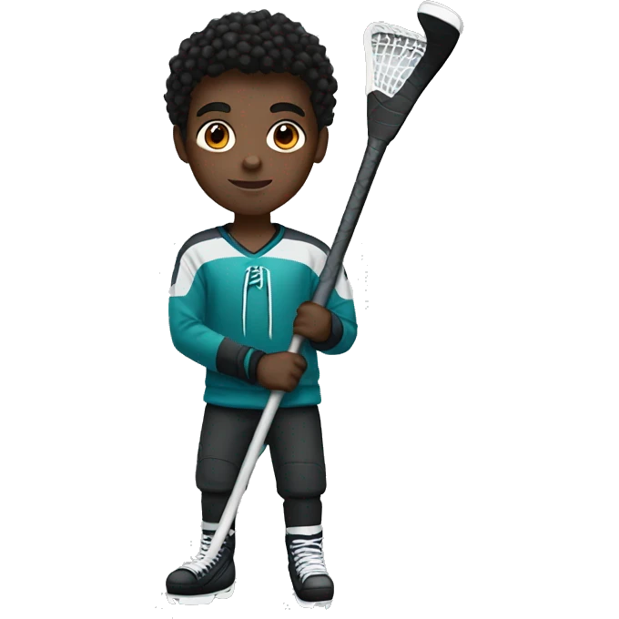 teen boy with dark skin, dark eyes, dark hair, holding a hockey stick emoji