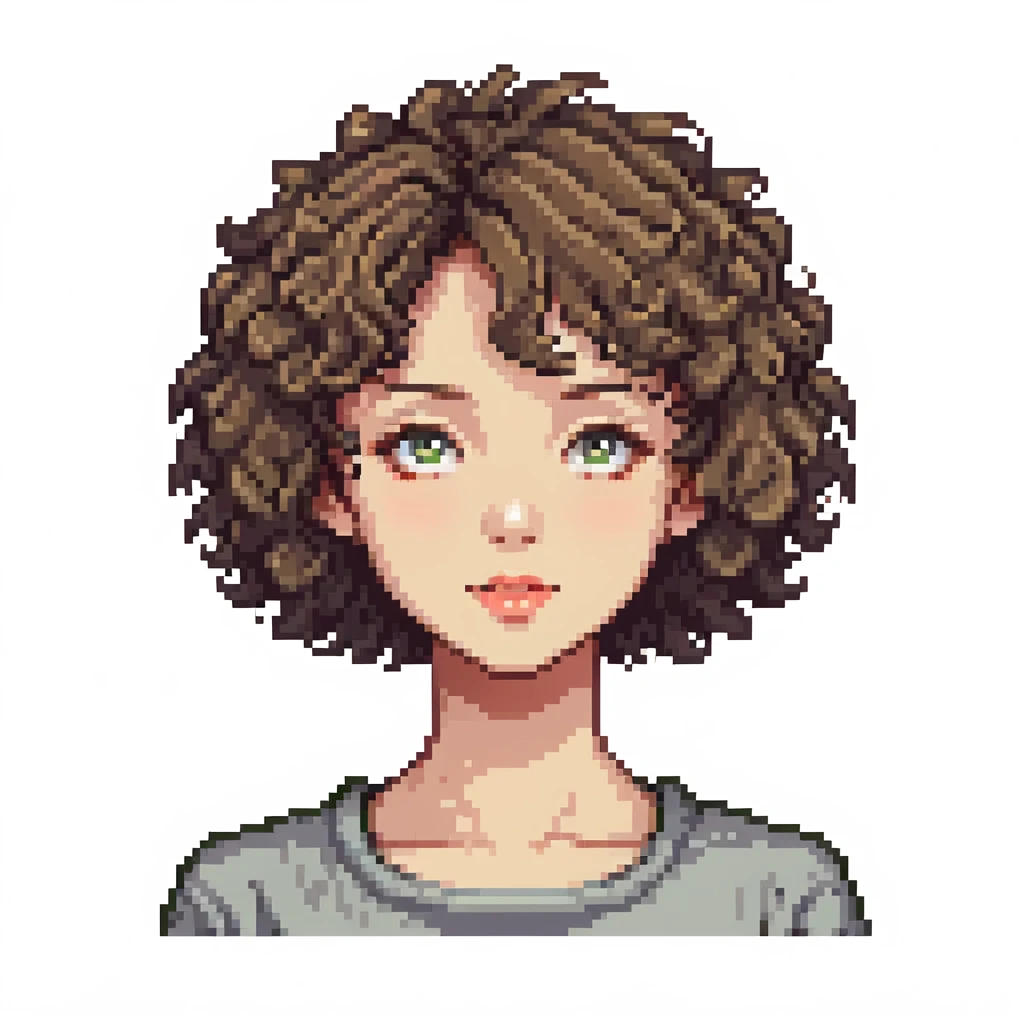 girl with short permed curly hair, face portrait emoji