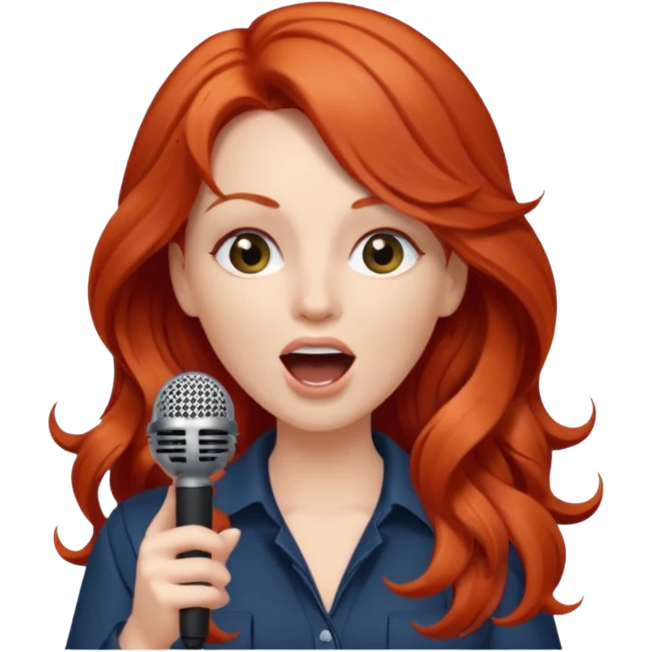 Fear of public speaking, white woman, long curly red hair, make hair more wavy and less puffy. Please add a microphone and have her mouth slightly open emoji