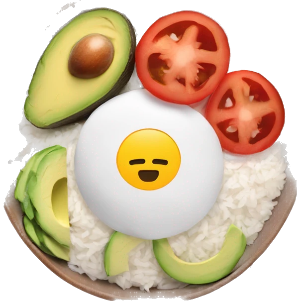a big bowl with white rice, tomatoes, green sliced paprika, sliced avocado and pink joghurt emoji