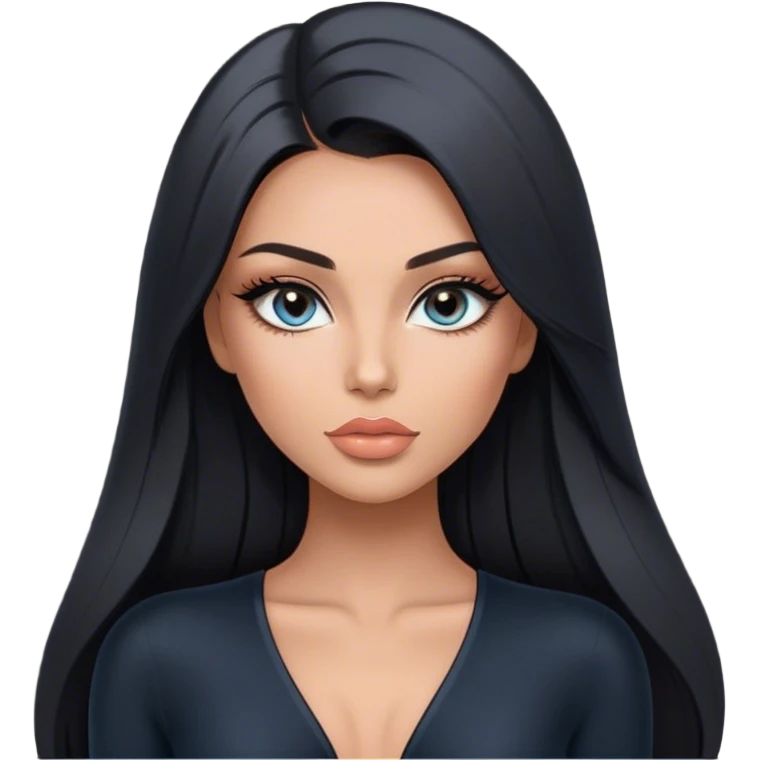 Glamours, tanned, very beautiful girl, with big pump peach-beige-rose lips, long lashes, black straight smooth silky long hair, straight parting hair, blue-grey eyes, black v-neck bodysuit emoji