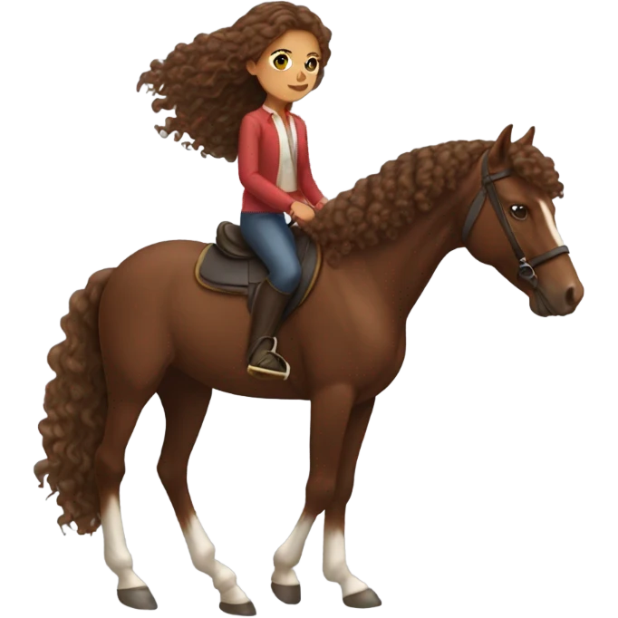 Girl with long brown curly hair on a bay horse  emoji