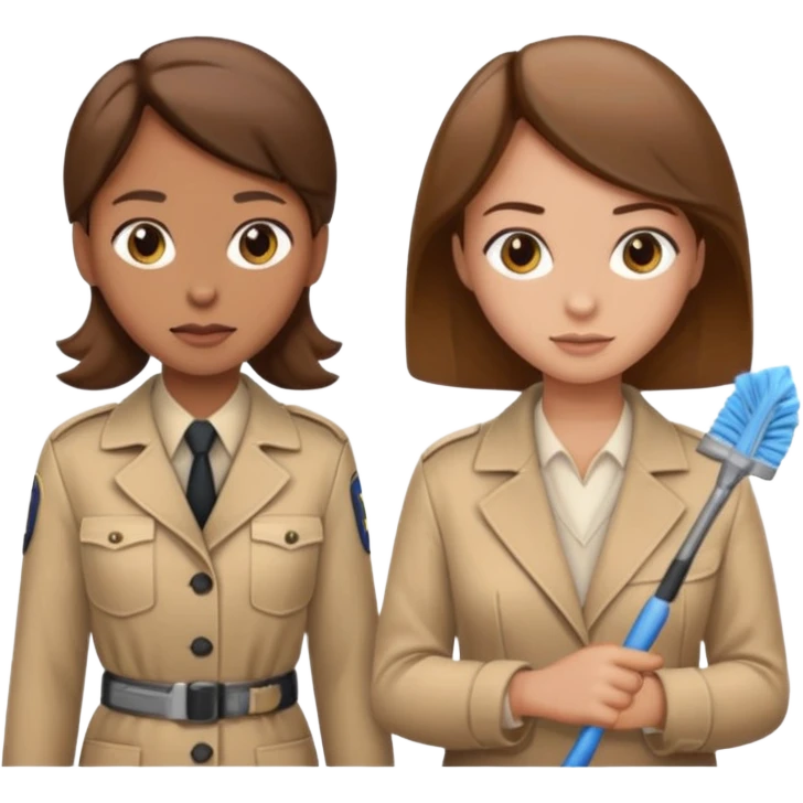 detective with beige clothing and brown hair interviewing suspect (girl) with cleaning clothing emoji