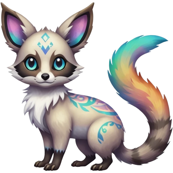 Rare iridescent white exotic epic aesthetic colorful Trico-Eevee-Civet-species-Fakemon-hybrid-creature, with intricate tattoo markings, full body emoji