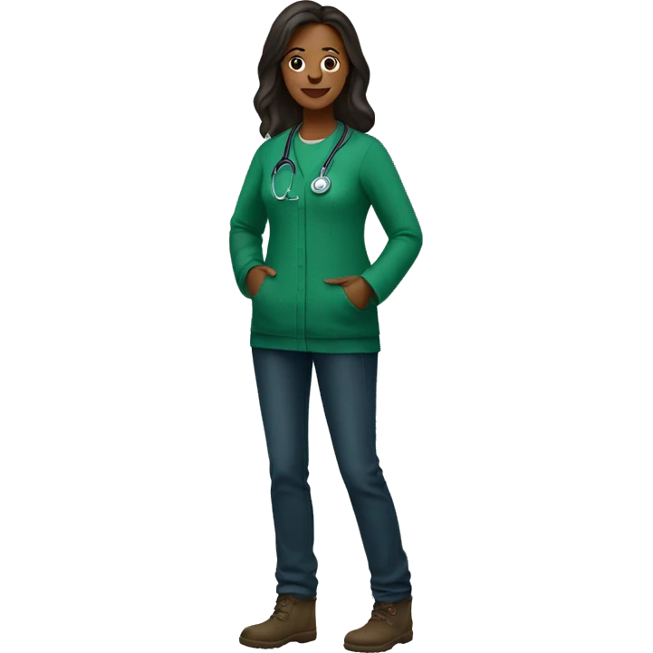 Doctor woman wearing green sweatshirt, dark jeans and UGGs emoji