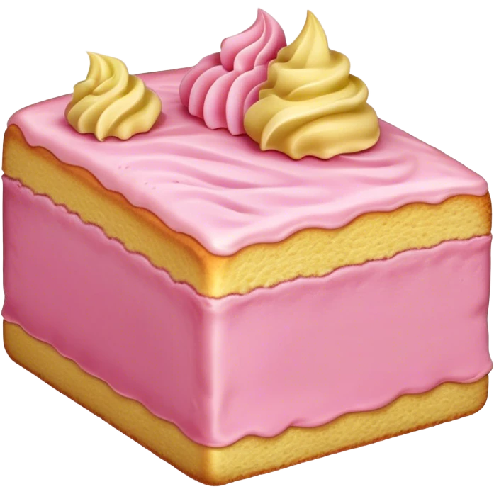sweet simple slice of sponge cake with pink frosting on the outside, facing the right emoji