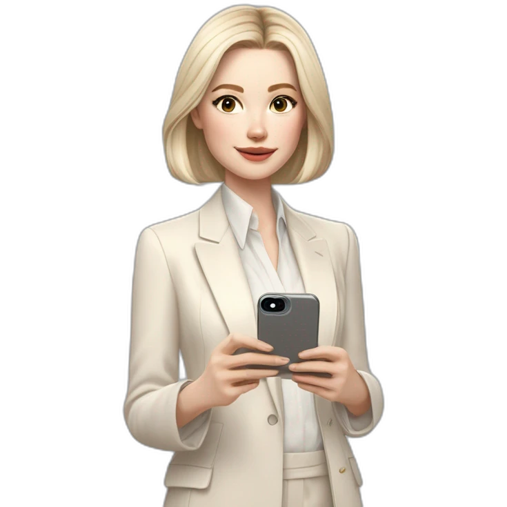 pale skin woman with ash blonde Straightened bob Hair, White Spacious classical jacket, beige palazzo Arrow pants and gray blouse holding white IPhone 15 pro in the hands emoji