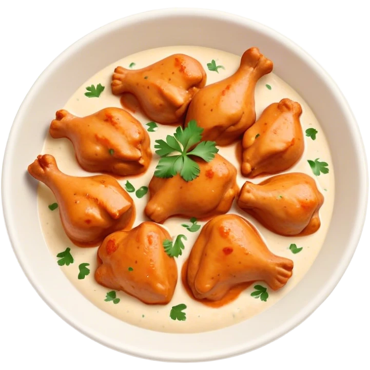 Butter Chicken Cinematic Realistic Butter Chicken Dish Emoji, depicted as tender chicken pieces sliced up and bathed in a creamy white sauce garnished with fresh cilantro, rendered with rich textures and vibrant, appetizing lighting. emoji
