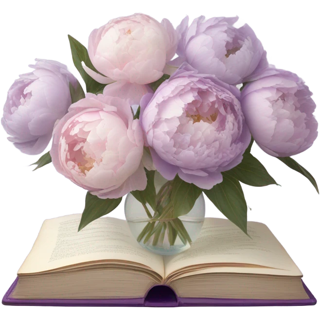 A vintage-inspired bouquet of pale violet and blush peonies resting on a lace-covered violet book. emoji