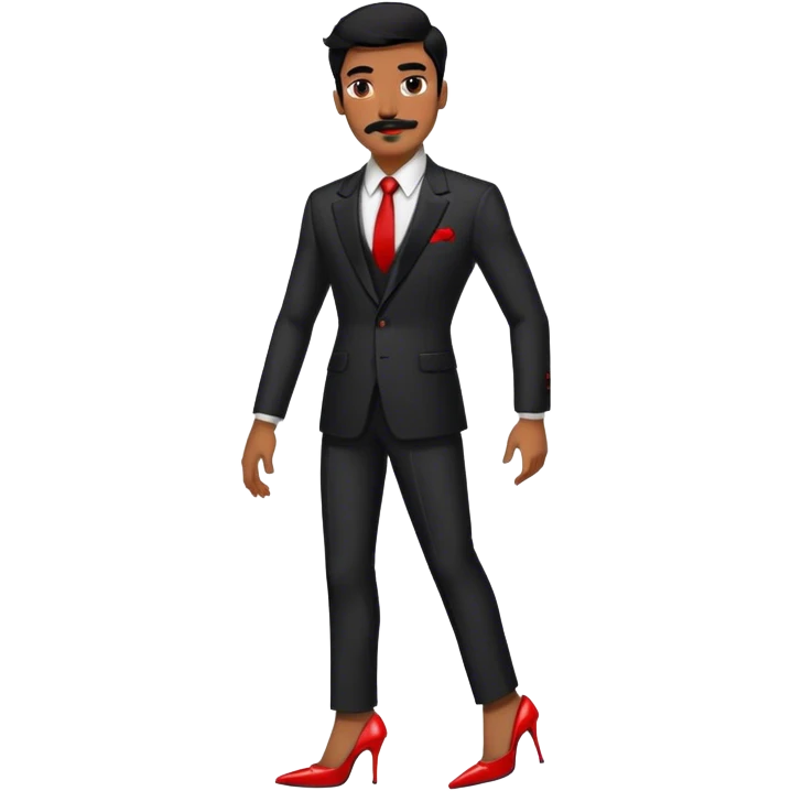 Man in a black suit suit and red strappy high heels with black hair and black mustache and brown skin emoji
