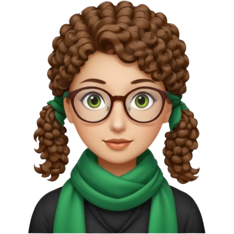 iranian woman, tight curly light brown hair in one high pony tail, glasses, green eyes, pretty, oval shape face, no hajib, scarf on neck emoji