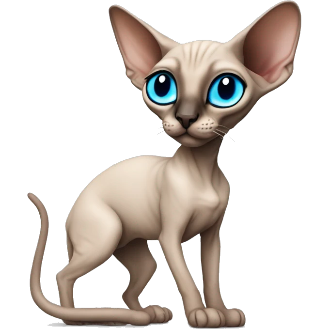 Siamese Sphynx Peterbald  cat with blue eyes, full thin body stand, black nose ears and tail emoji