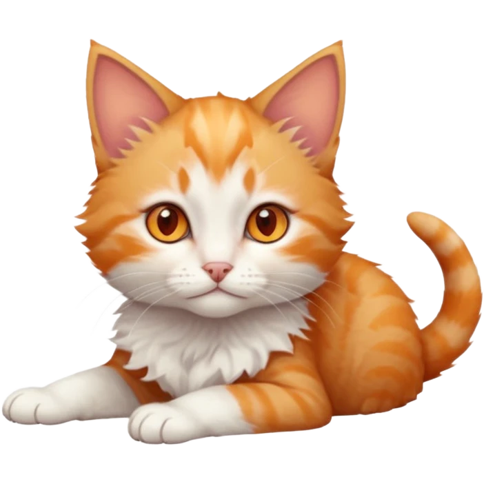 full body of very small + skinny ginger and white kitten with deep orange eyes and triangular shaped face lying down emoji