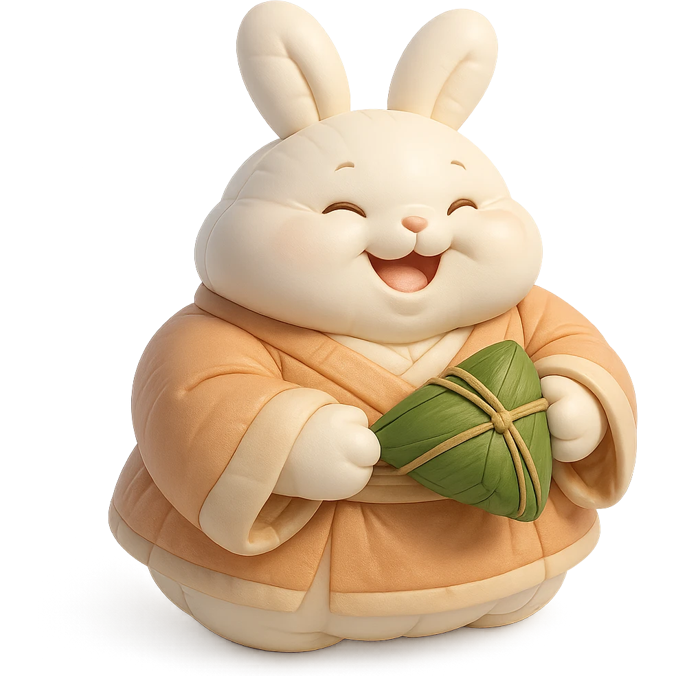 chubby bunny in hanfu holding a bamboo-wrapped zongzi with a big smile, Chinese traditional style, soft tones emoji