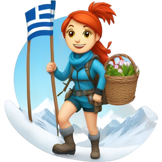 red hair female winter mountaineer climbing with Easter basket and Greek flag emoji