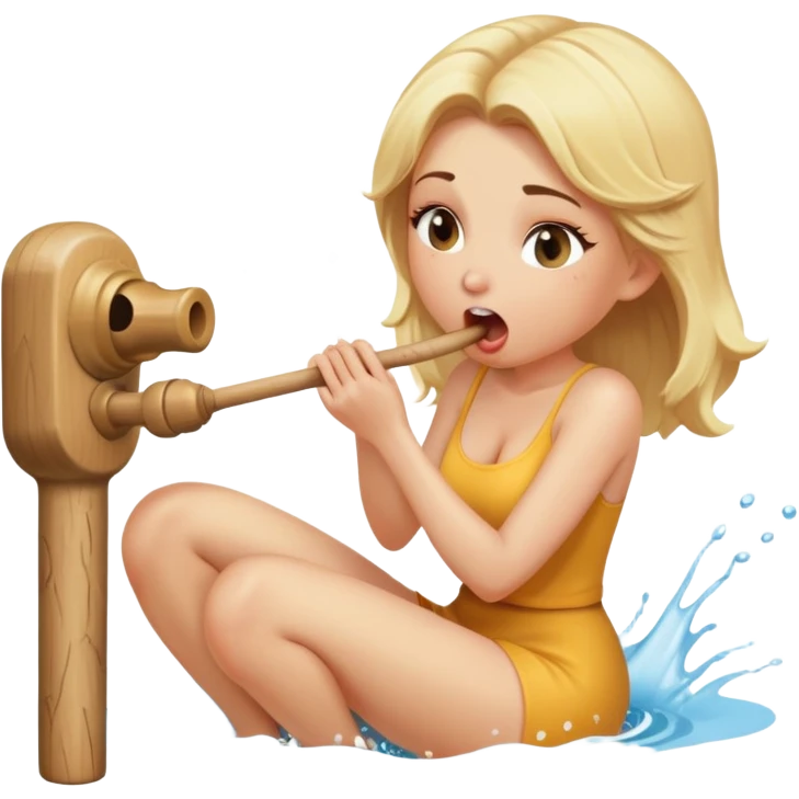 blond woman sitting on her knees, biting a wide stick with a D-shaped knob, both the same color as her skin, the knob has visible skin texture, water jet shooting from the flat side of the knob into her mouth, surprised look emoji