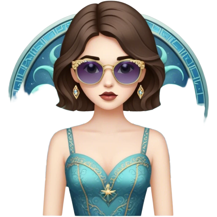 Create the zodiac sign leo as a pale brunette girl with elaborate makeup and dress that matches the zodiac sign, wearing sunglasses, confident emoji
