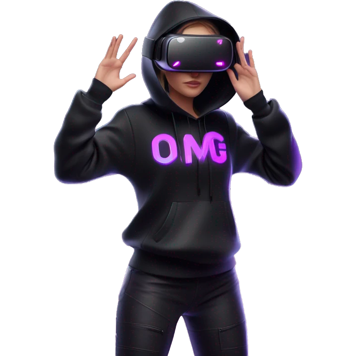 Russian girl wearing black hoody with violet letters "OMG", in vr headset oculus quest2. Standing like jedi. Cyberpunk style. Violet neon. emoji