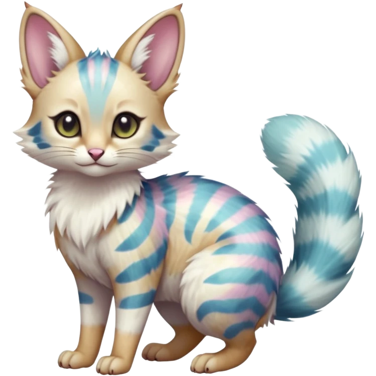  cute adorable whitish pastel fur with random colorful markings iridescent beautiful elegant pretty precious cute  Fakémon-Pokémon-alien-opossum-feline-serval-caracal-chinchilla-Minccino-hybrid-creature with a big fluffy bushy striped tail (full body) emoji