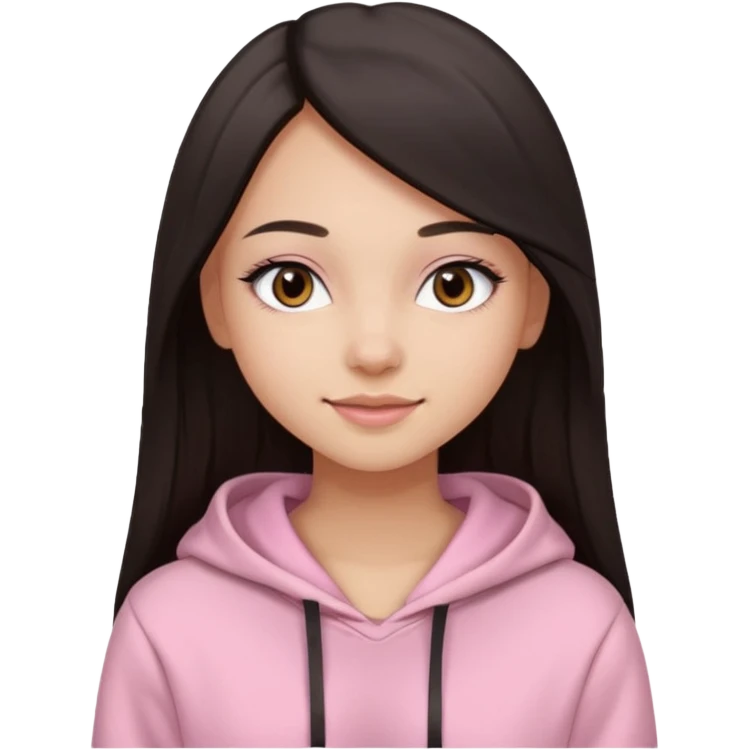 A pretty girl with light skin and long straight black brown hair, wearing a very light pink basic hoodie with brown eyes and makeup and a round face emoji