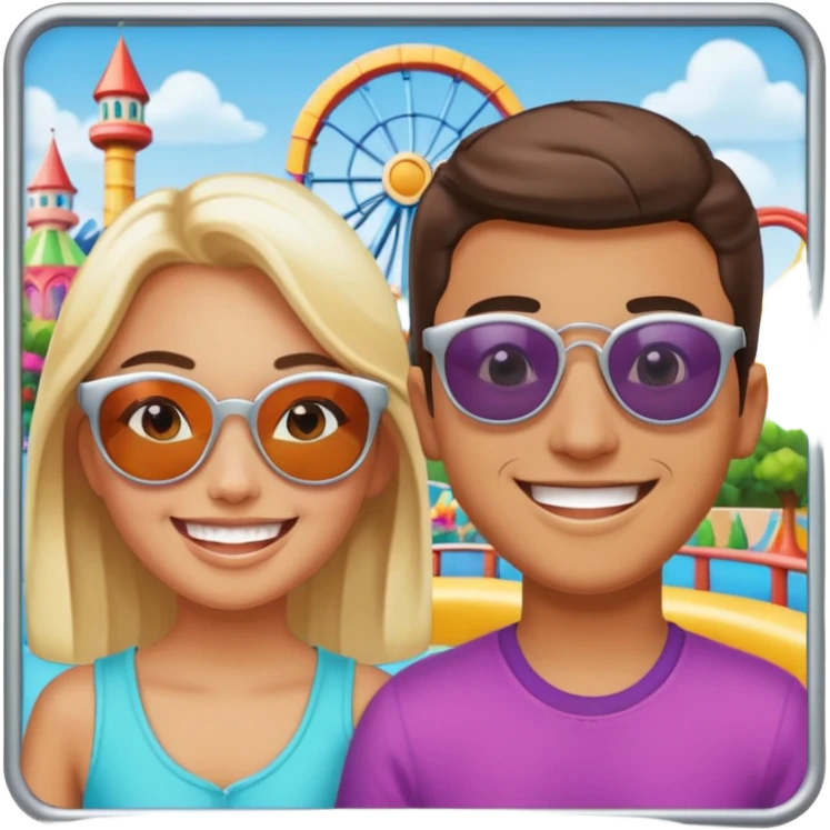 a photo in a silver frame, of 2 friends in a theme park emoji