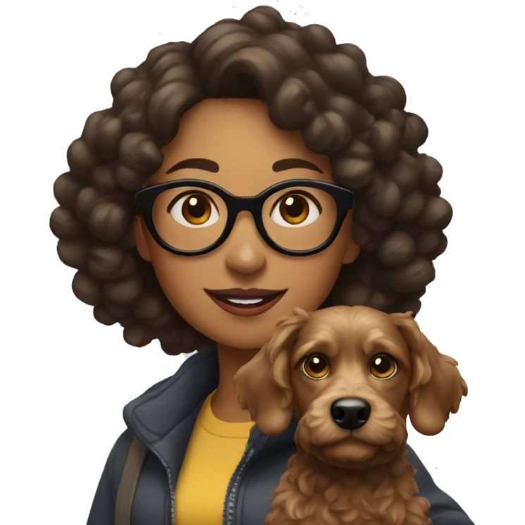 woman with glasses, curly hair and taking her black Pincher dog for a walk emoji