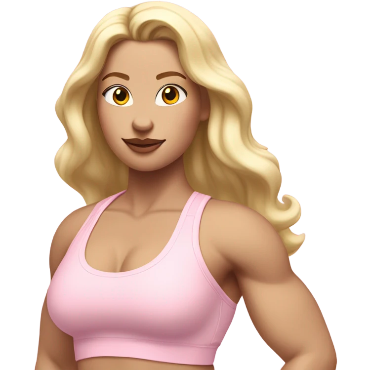 Woman, white skin, pale skin, long hair, blonde hair, wavy hair, baby pink sports bra, baby pink leggings, flexing one arm up emoji