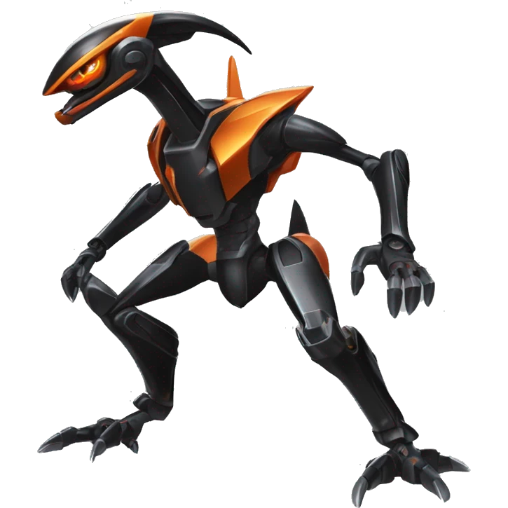 a shiny metallic black-orange Genesect-Flygon-Raptor-Fakémon-Medabot-hybrid with a futuristic visor-helmet full body emoji